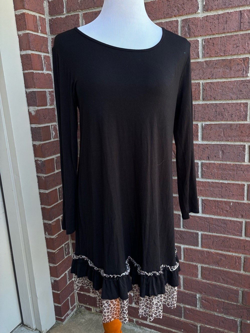 Black Long-Sleeve Ruffle-Hem Dress with Leopard Accent